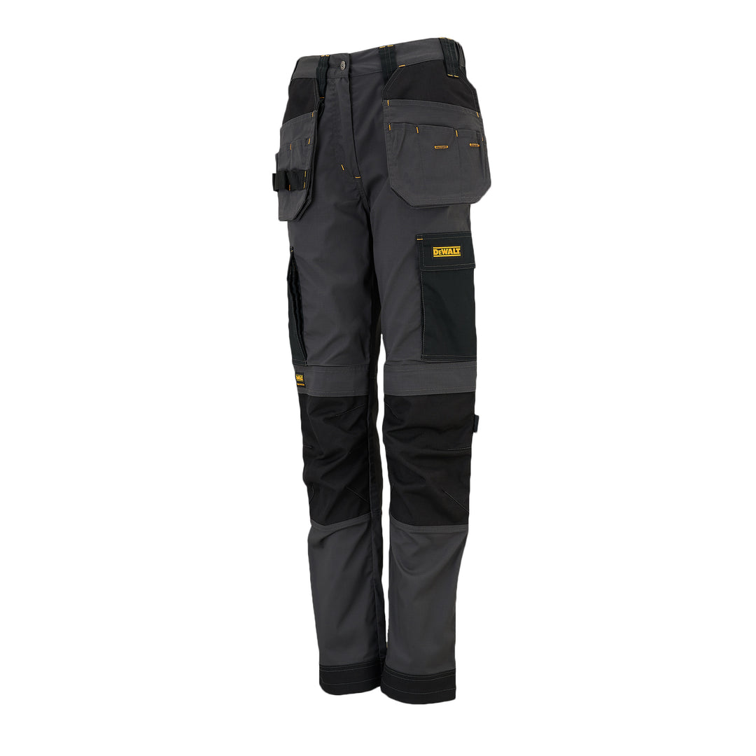 DEWALT Roseville Women's Pro-Stretch, Slim Fit, Holster Pocket Work Trousers, Grey/Black 3/4 View